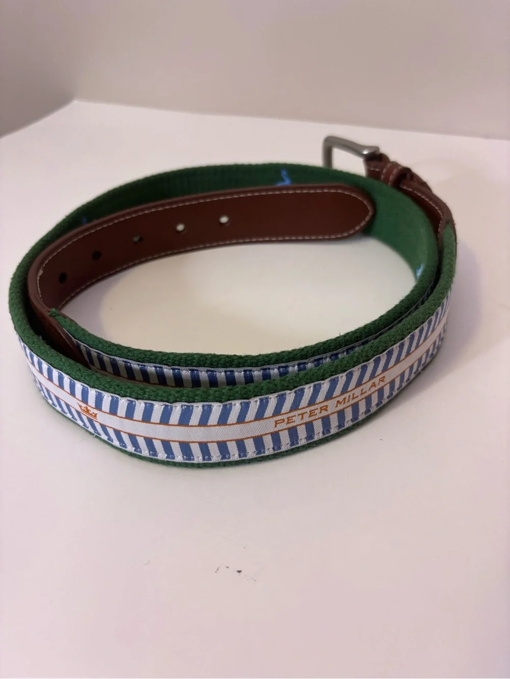 Peter Millar Green Canvas Peacock Embroidery & Logo in White Stripes Belt Men’40